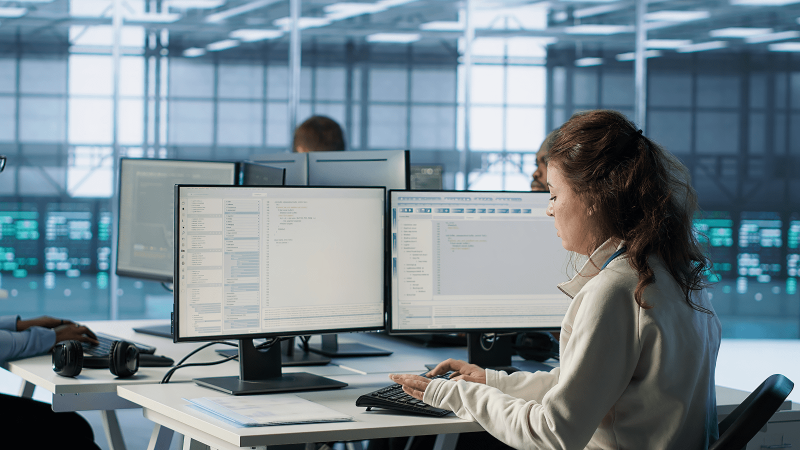 Женщина за двумя мониторами анализирует информационную архитектуру сайта