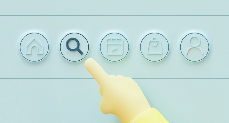 Рука указывает на значок поиска среди круглых значков разделов