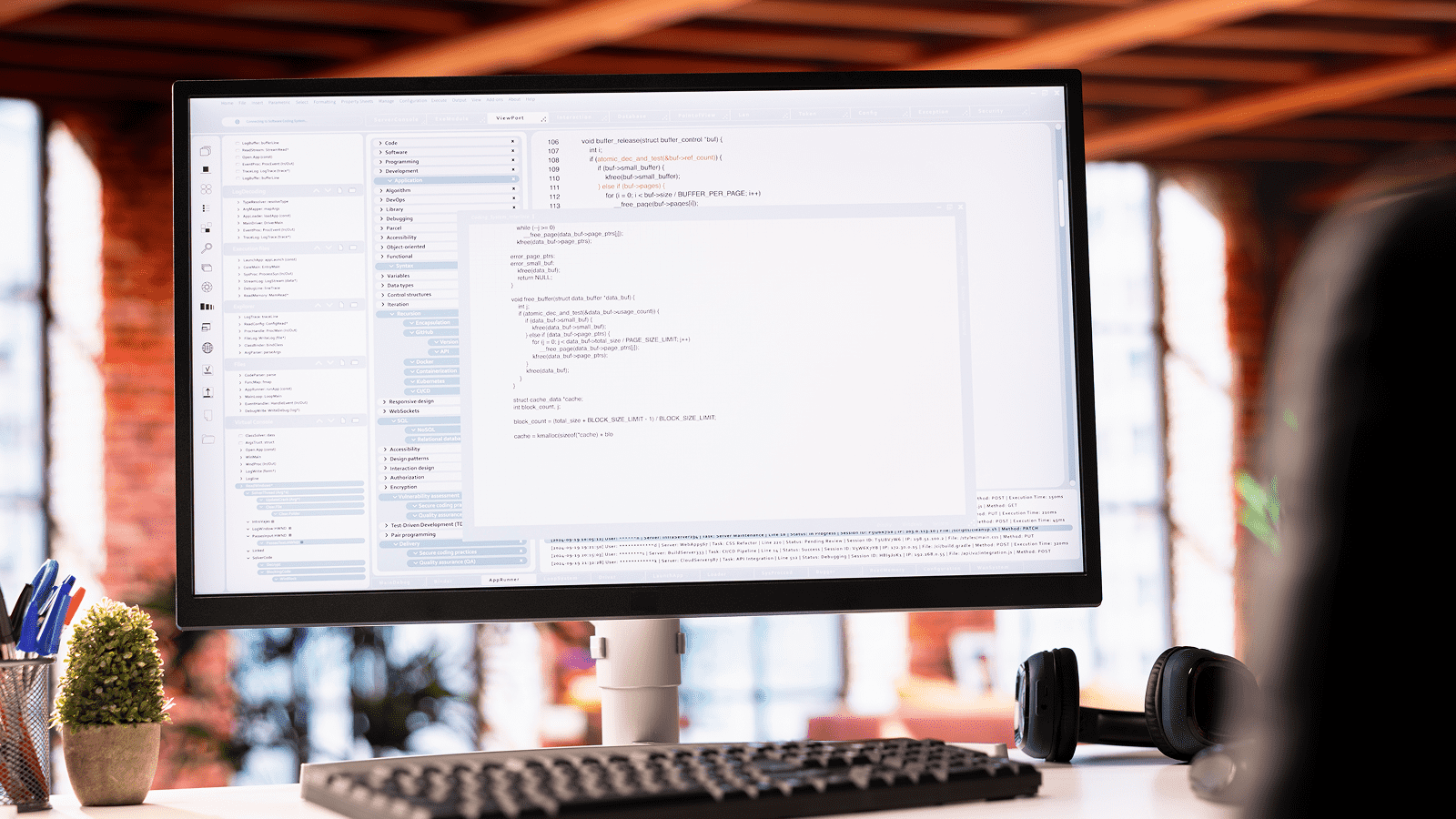 Монитор с кодом на рабочем месте, оптимизирующий скорость загрузки сайта