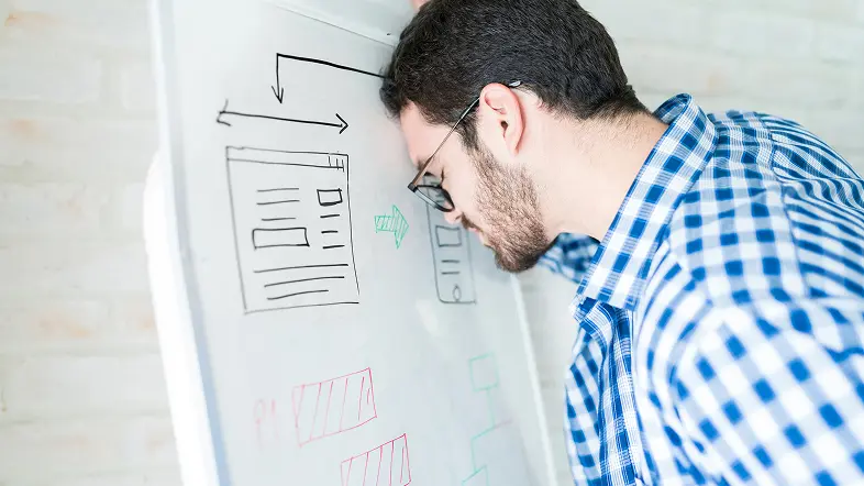 Мужчина у доски разрабатывает структуру главной страницы сайта