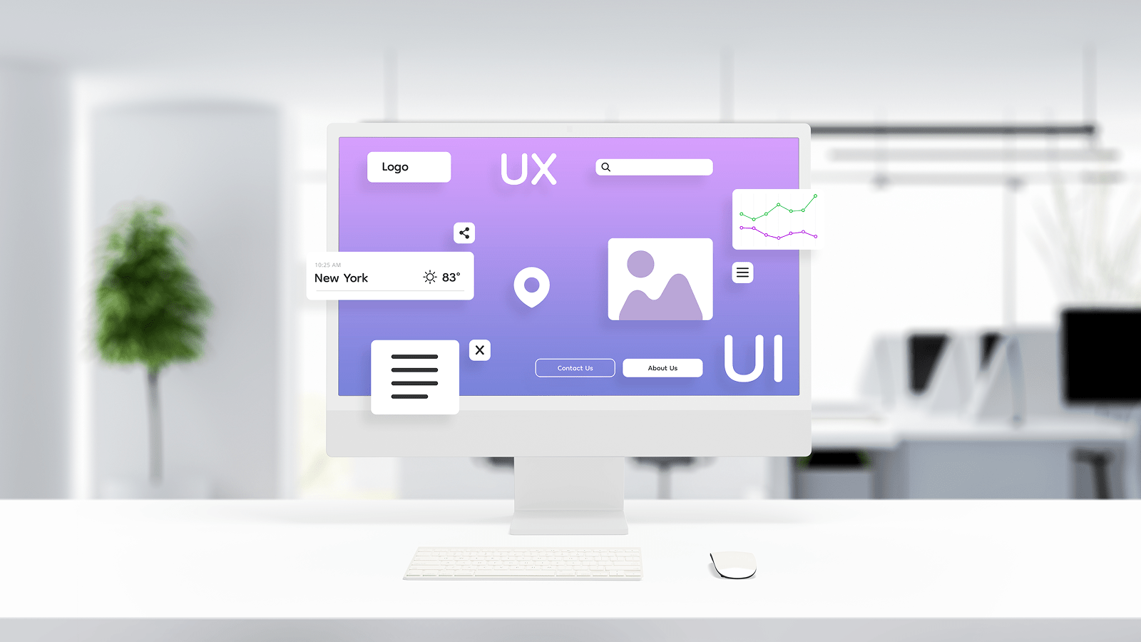 Монитор с макетом интерфейса и наборов готовых элементов и дизайн-системы в офисе